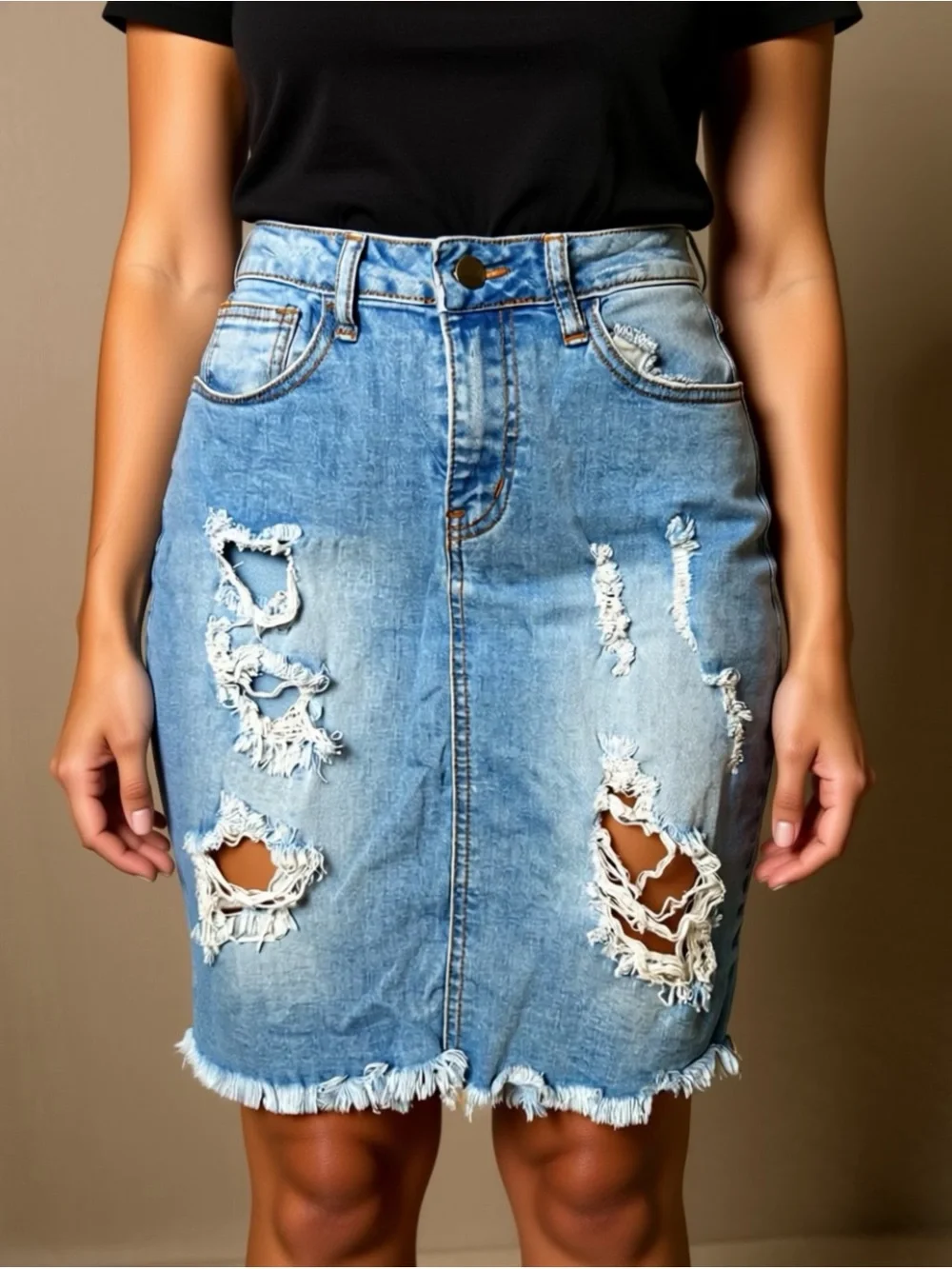 Fashion Nova Light Blue Distressed Midi Denim Skirt